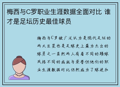 梅西与C罗职业生涯数据全面对比 谁才是足坛历史最佳球员