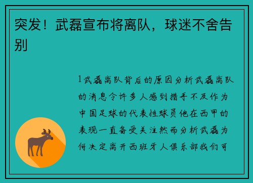 突发！武磊宣布将离队，球迷不舍告别