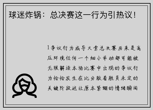 球迷炸锅：总决赛这一行为引热议！